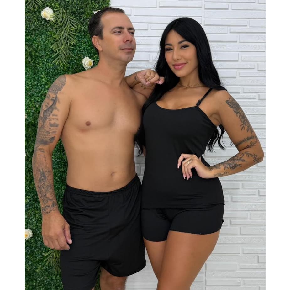 Kit Pijama Casal ShortDoll Liso + Samba Canção Moda Masculina e Feminina Conforto e Estilo Dormir