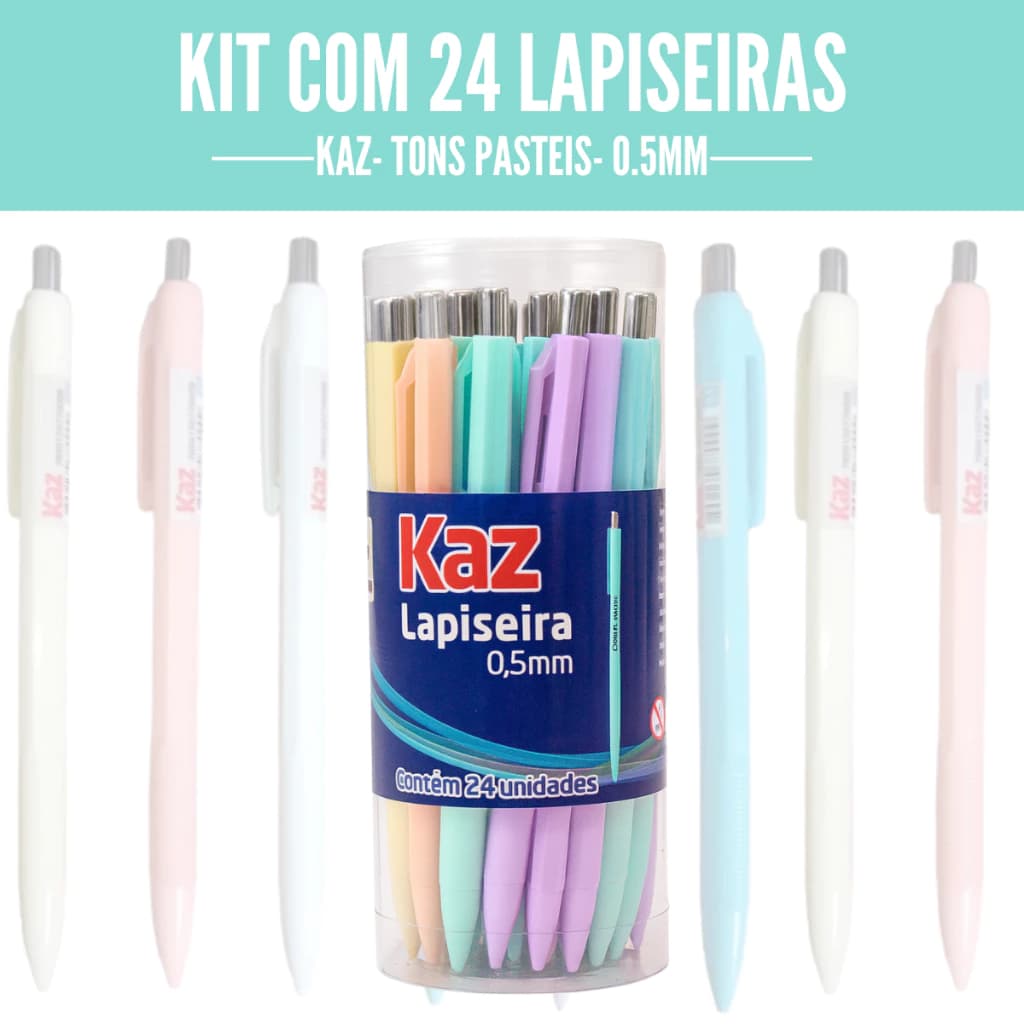 Pote C/24 Lapiseiras KAZ 0.5mm Cores Pasteis Delicadas Coloridas Material Escolar