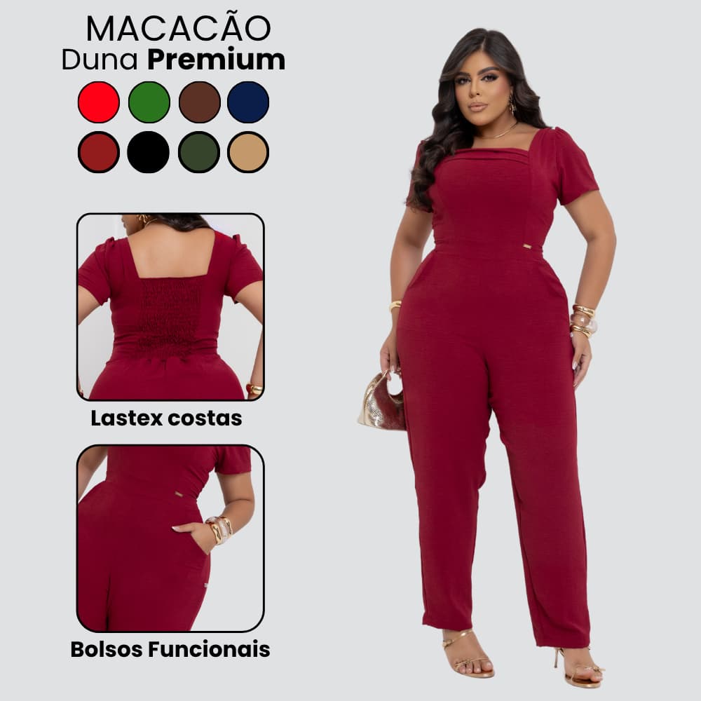 Macacão Longo Plus Size Duna Premium Sofisticado Com lástex modelador Bolsos Mangas