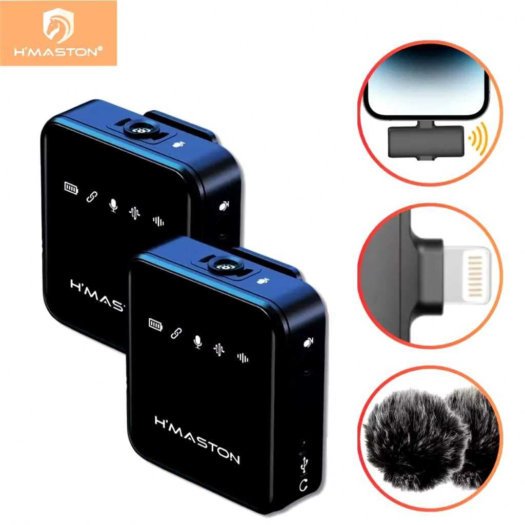 Microfone de Lapela Sem Fio Duplo H'MASTON MK15 / MK16 Lightning iPhone - Profissional com Redução de Ruído