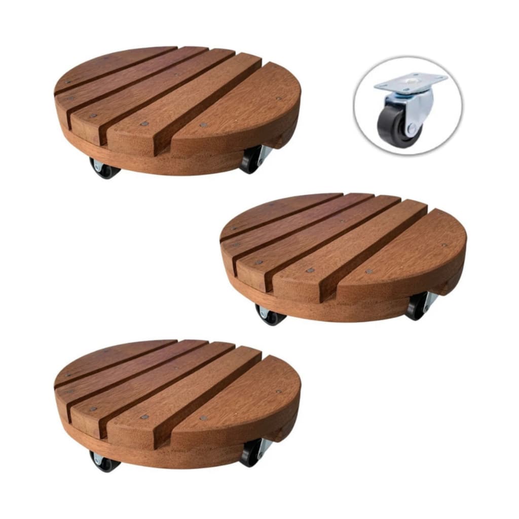 Kit 03 Suporte Vaso De Planta Rodízio Madeira Redondo Rodinhas Multiuso Envernizado 20cm 25cm 30cm