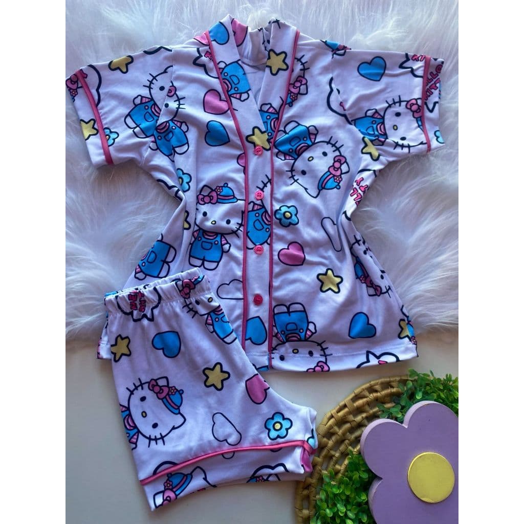 Pijama Americano Infantil Hello Kiitty Branco - Coração, Estrela , Nuvem- Suede Premium- Pijamadaz
