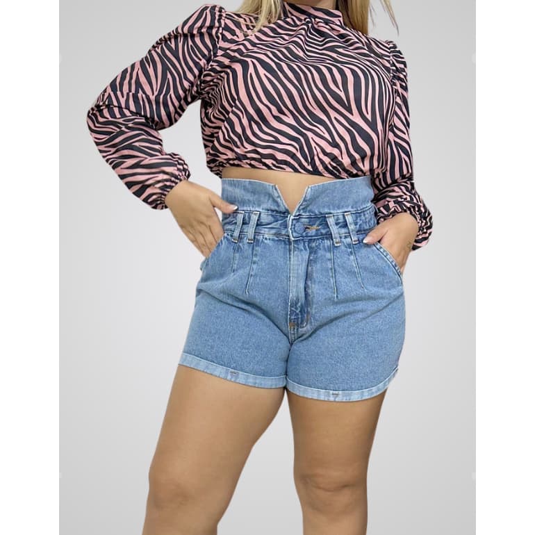 Short Jeans Feminino Clochard Cintura Alta Cós Duplo Botão Forrado Modela Cintura Tendência Blogueira