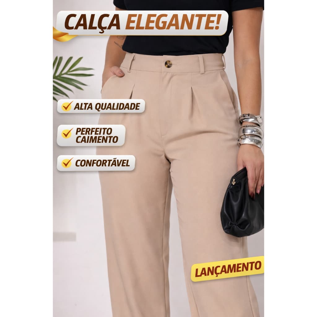 Calça Alfaiataria Feminina Crepe Premium Cintura Alta com Pregas Zíper Frontal Bolsos