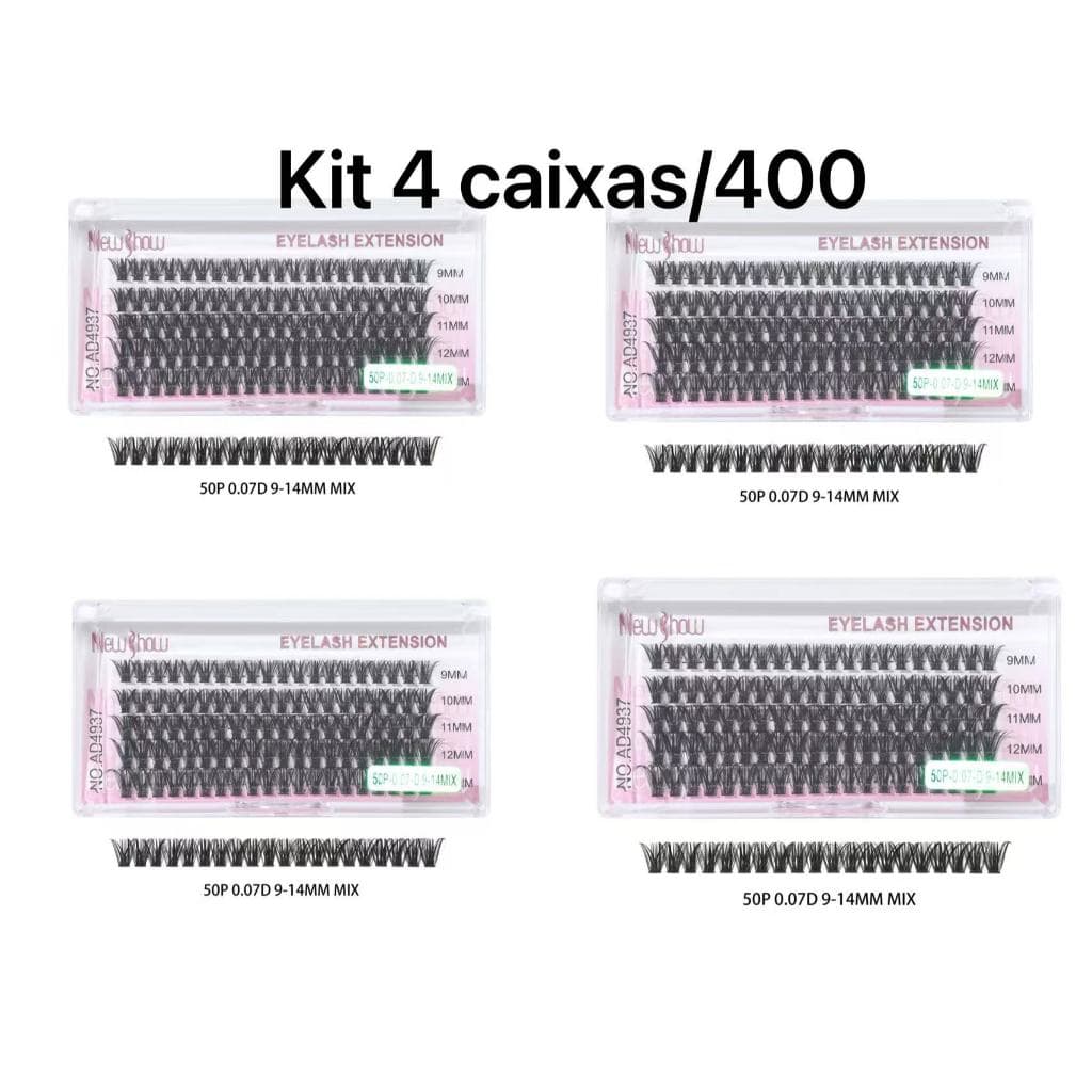 New Show Kit 4 Caixas Cílios Tufos 20P/30P/40P/50P Volume Brasileiro Alongamento Natural Sem Nó