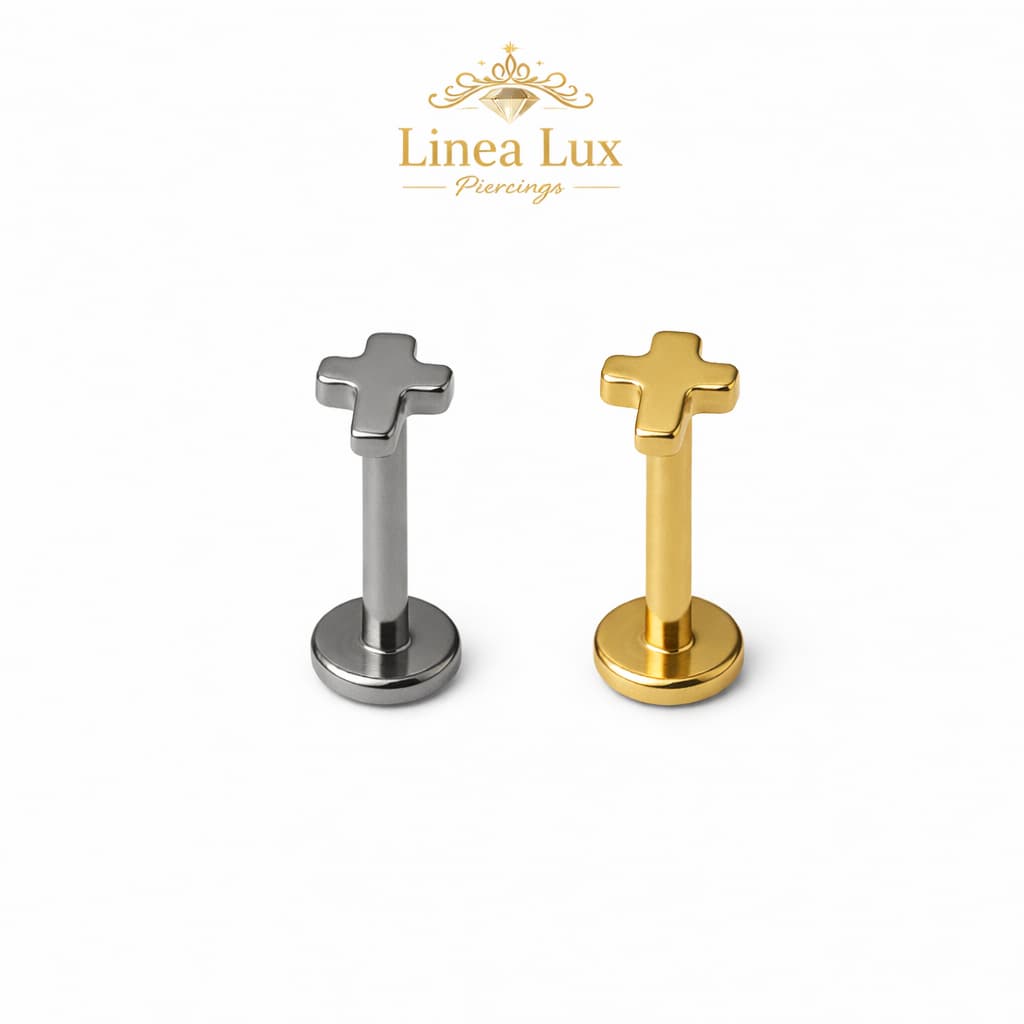 Piercing Labret Titânio F136 - Rosca Interna -1.2mm x 8mm - Cruz – Prata/Dourado