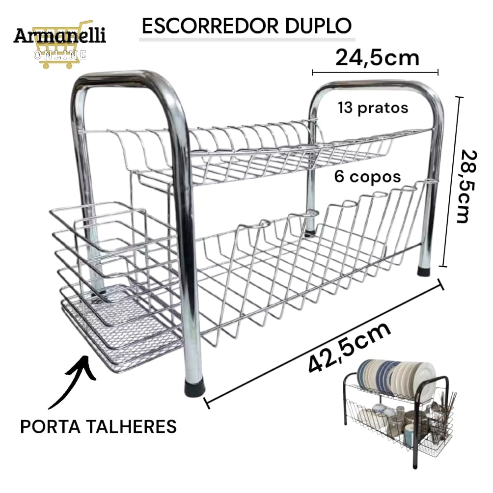 Escorredor Duplo de Pratos Louças e Talheres Cromado/Preto Forte em Aço Metal