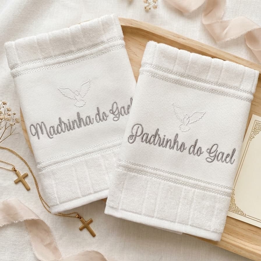 Kit 2 Toalhas Padrinho Madrinha Personalizada Nome Bordado Batizado Bebê Luxo Lavabo