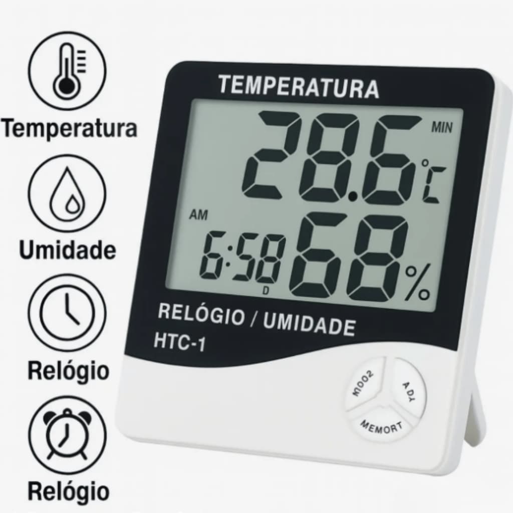Termo Higrômetro Digital Com Máxima e Mínima Medidor De Temperatura e Umidade Com Relógio e Alarme