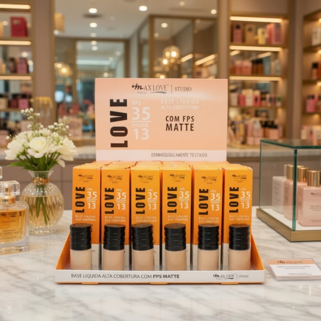 Box Base Líquida Matte Alta Cobertura FPS 35 Max Love kit com 42 un + 6 provadores Escolha as cores