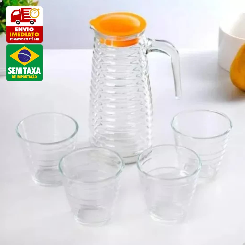 Kit Jarra e Copos Vidro 900ml 4x 250ml Conjunto Elegante Resistente Água Suco
