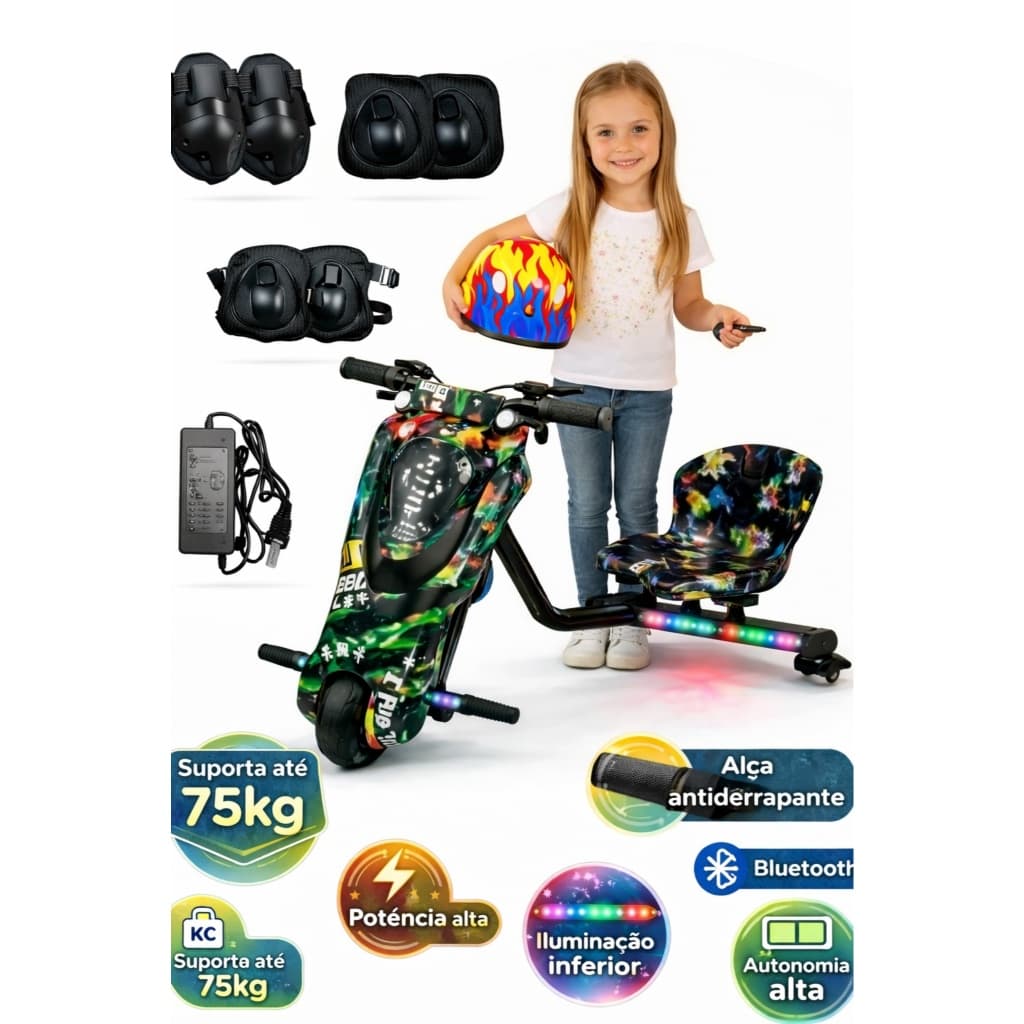 Triciclo Elétrico Infantil Verde Escuro 250w Bluetooth/Led/Bateria Recarregável Material Resistente