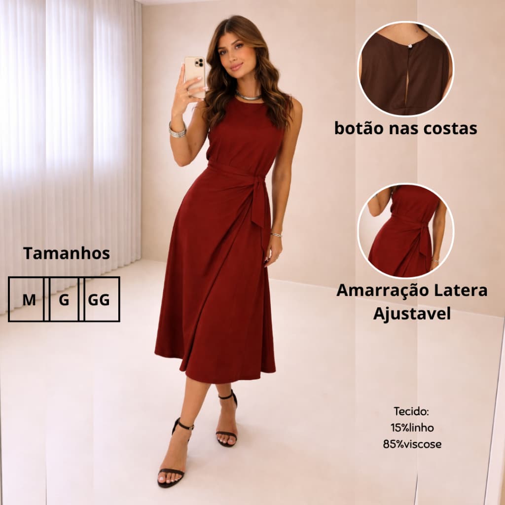 , vestido com amarração lateral, vestido forrado, vestido linho viscose, vestido confortável, vestido moderno,