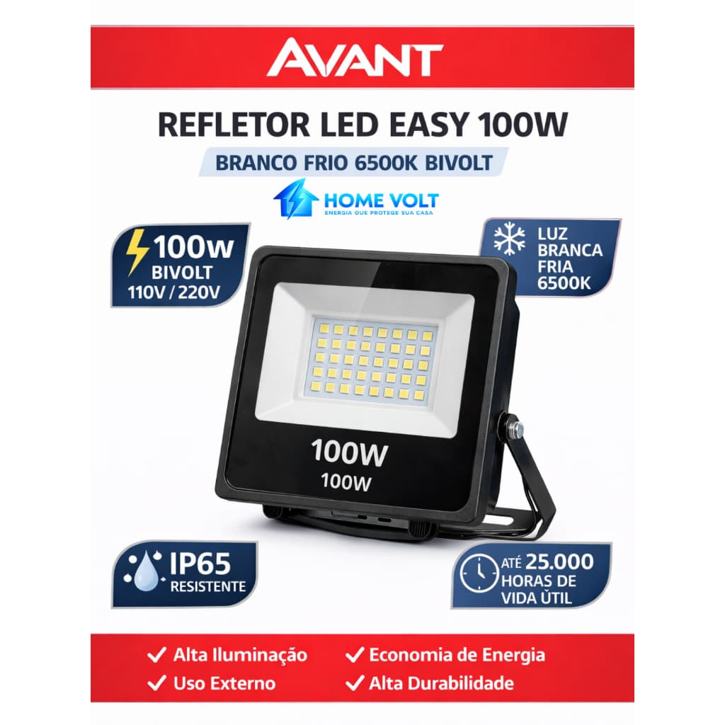 Refletor LED 100W Avant Easy IP66 Branco Frio 6500K Bivolt Alta Potência Econômico Uso Externo Novo!