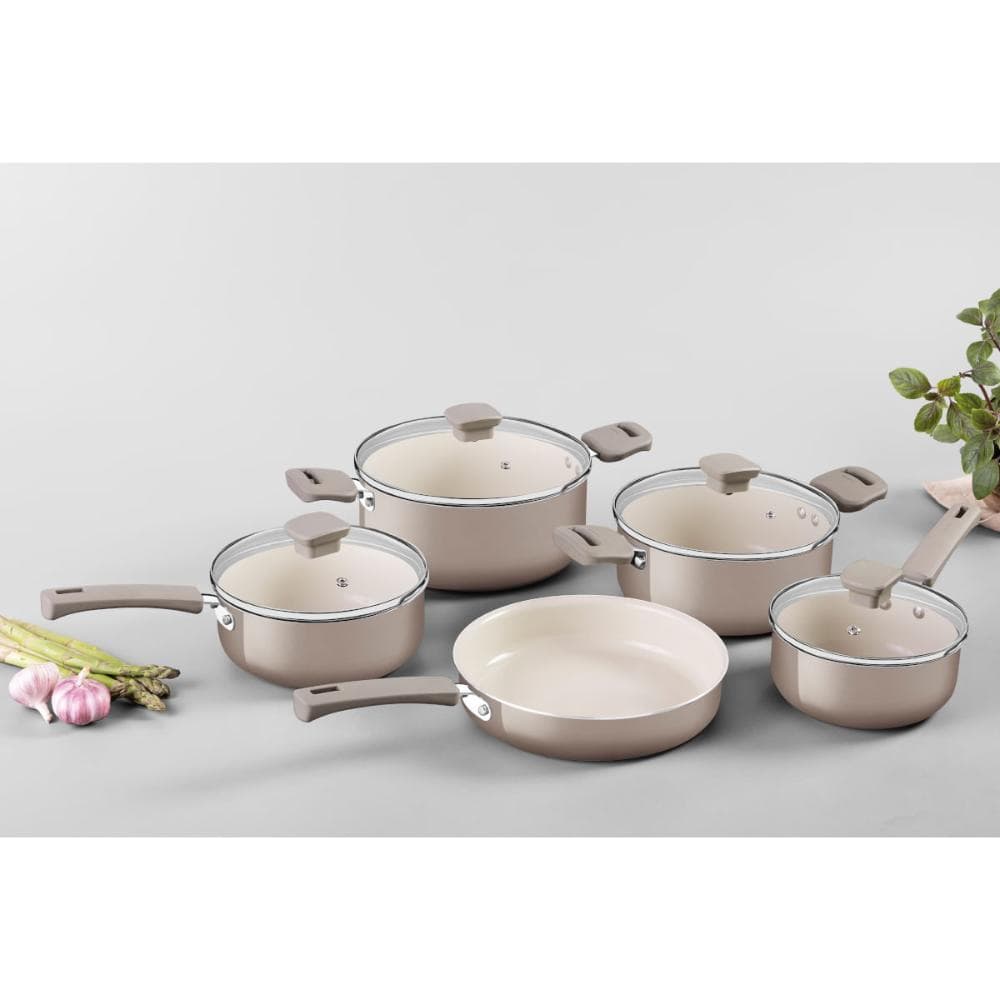JOGO PANELAS ALUMINIO 5PC VERONESE BEGE REVESTIMENTO INTERNO CERAMICO E EXTERNO SILICONE TRAMONTINA