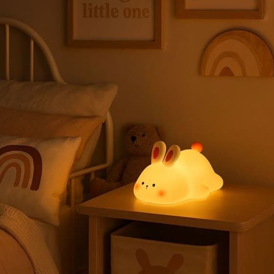 Luminária de Coelhinho - Branca Fofo Coelho Noturna Led Quarto Silicone Abajur Recarregavel