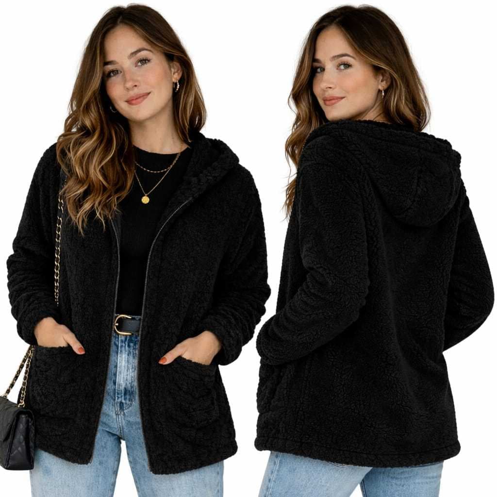 Blusa Casaco Teddy Manga Longa Com Ziper, Capus e Bolso Laterais Cores Imverno Comfortavel Termico e Cualidade