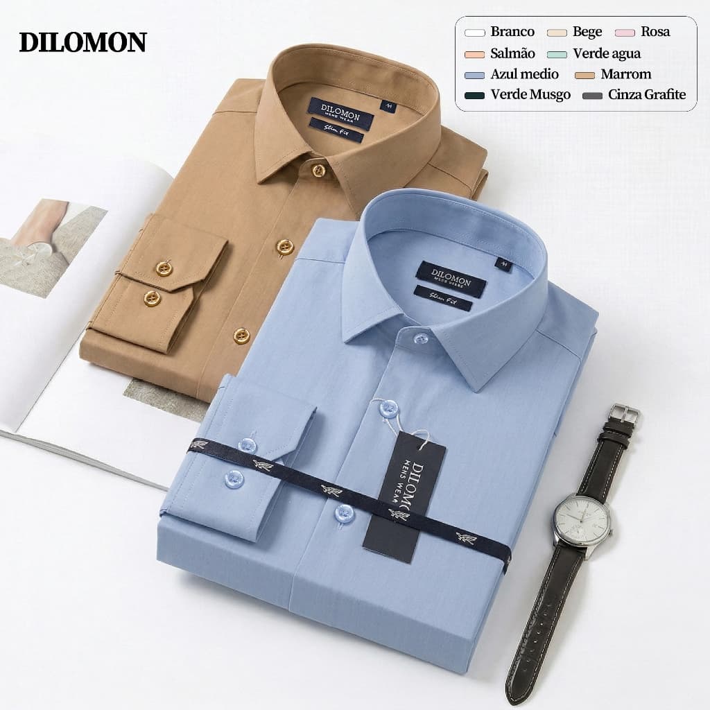 Dilomon Camisa Social Masculina Algodão Estilosa — Confortável e Respirável, Envio Imediato Brasil