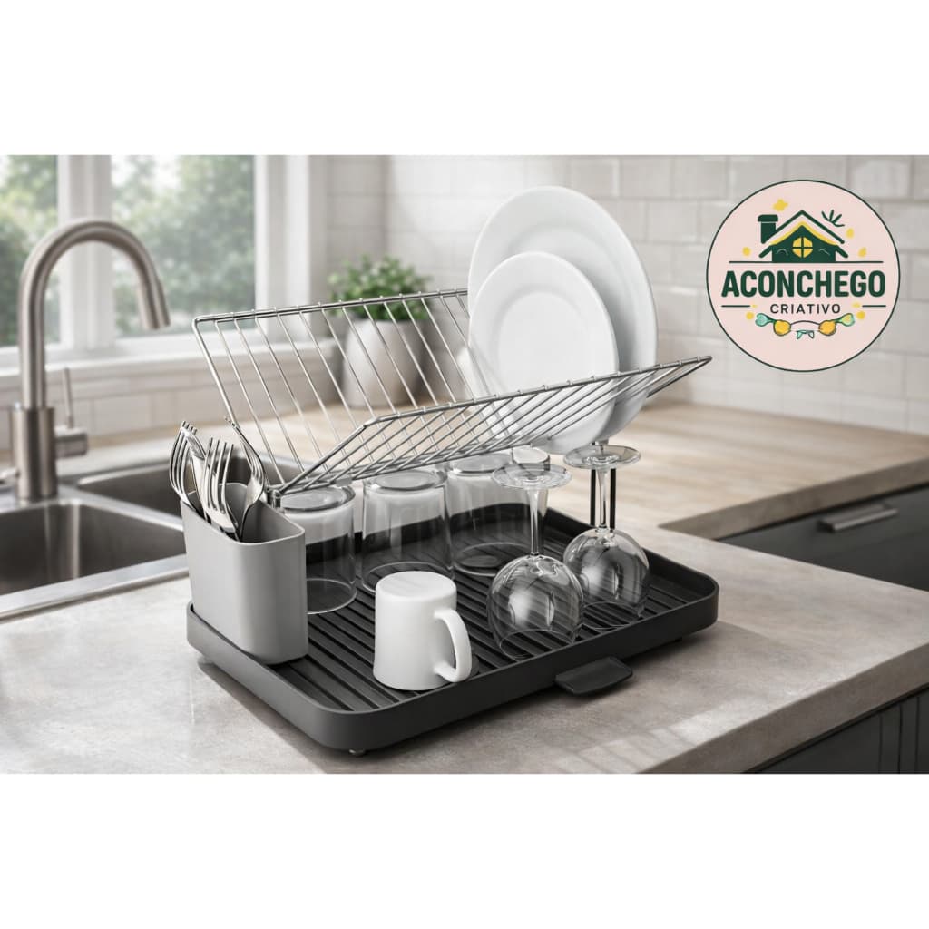 Escorredor Pratos Metal Base Preto Compartimento Porta Talheres Resistente Organizador Moderno Duravel Facil Limpeza