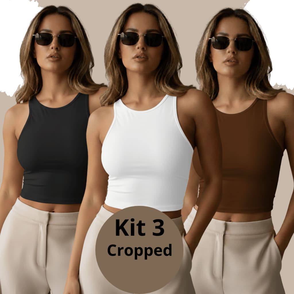 Kit 3 Top Cropped Feminino Regata Liso Micropremium/Poliester Para academia-Festas Verão Forro Duplo Premium