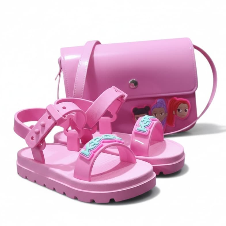 Kit Sandália Infantil de Menina K-POP + Bolsa Infantil Colorida Papete Feminina Leve e Confortável