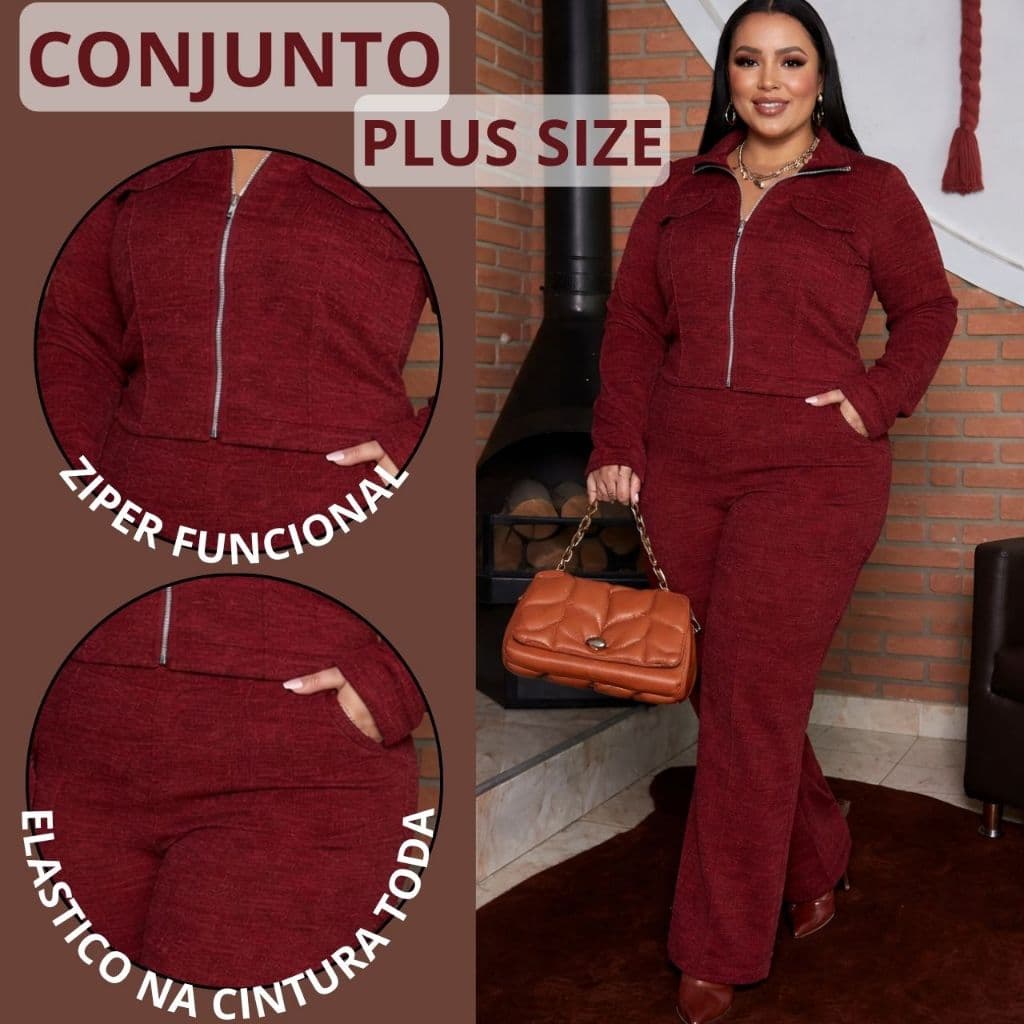Conjunto Feminino Plus Size Malha RIB Inverno Calça Larga + Blusa Zíper Moda Casual