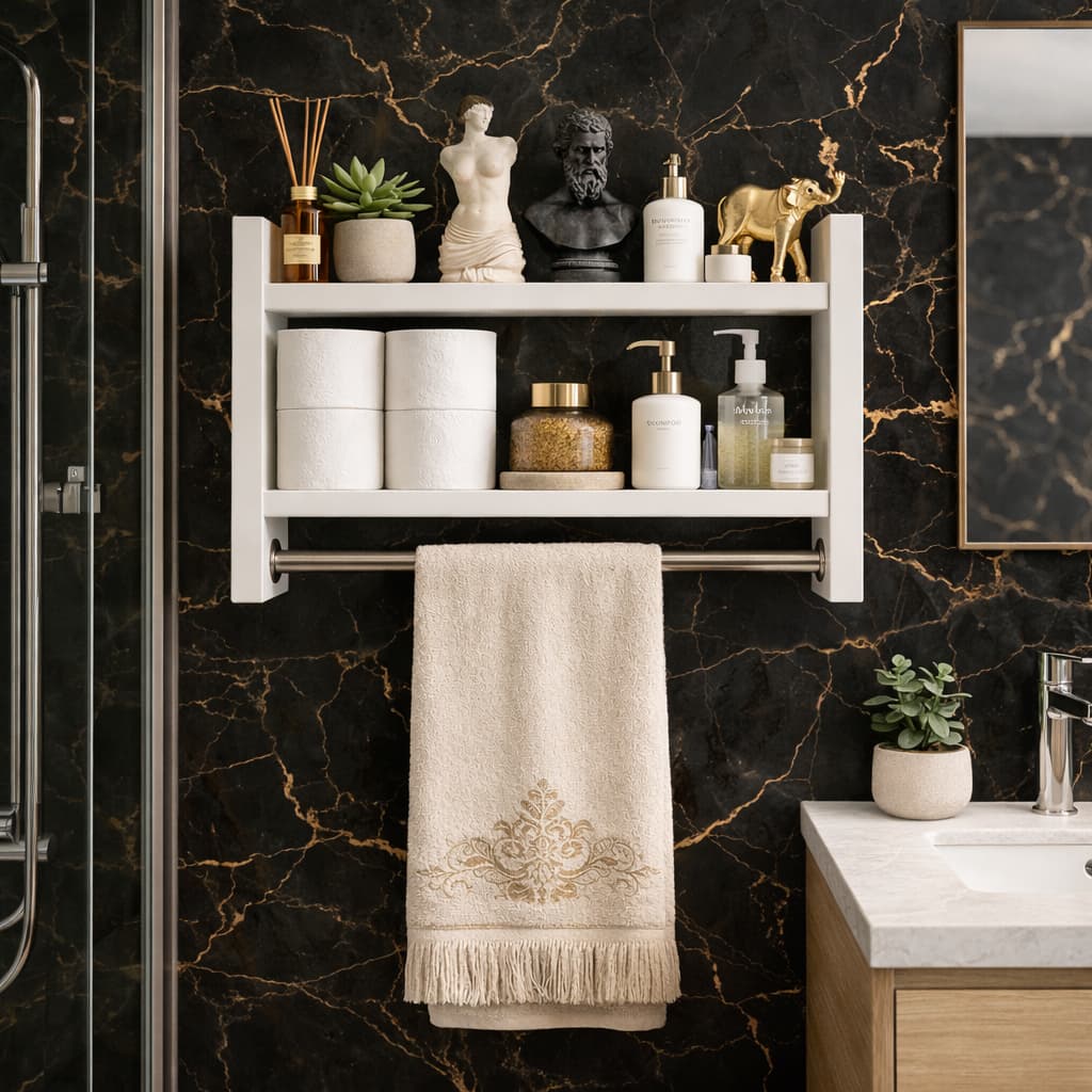 Nicho Organizador Banheiro MDF Branco com Toalheiro Porta Shampoo Prateleira Parede Luxo