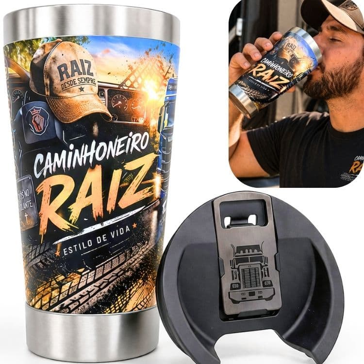 Copo Térmico Inox Caminhoneiro Raiz 500ml Com Abridor Tampa Inox Gravação UV 360 Premium Top