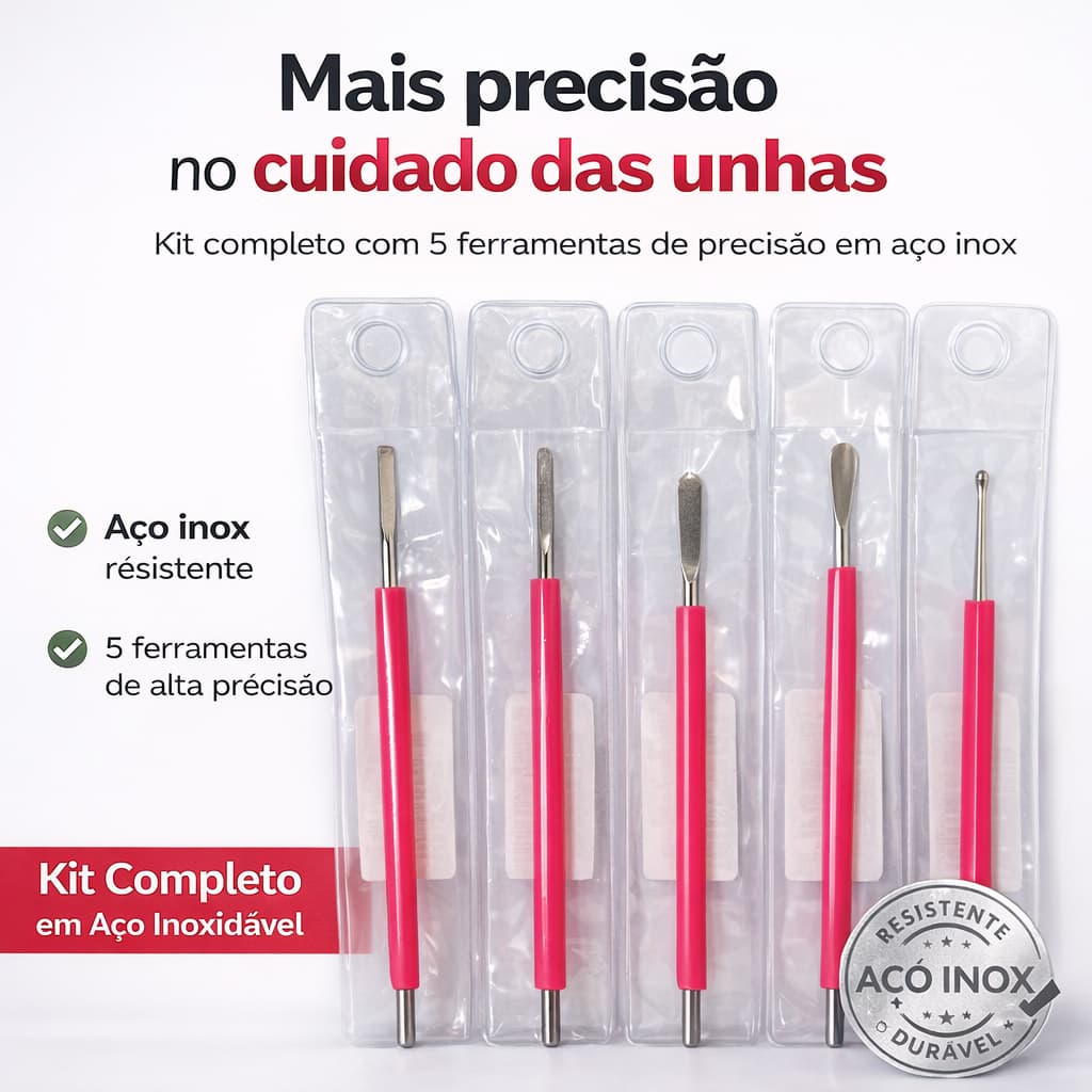 Desencravador de Unha Profissional Inox 5 Peças Kit Podologia Manicure Pedicure