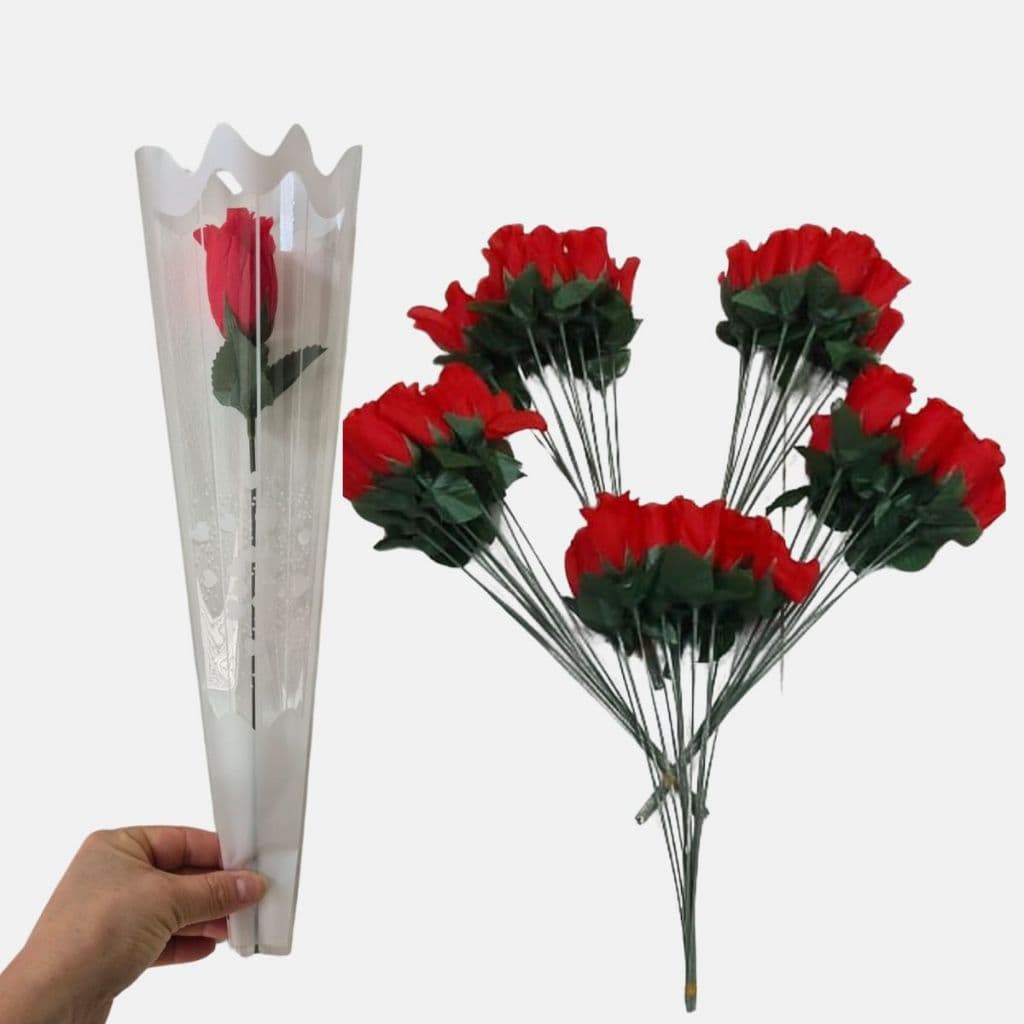 Kit 100 Rosas Artificiais Botão + Embalagem Linha Luxo