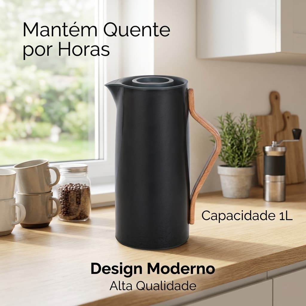 Garrafa térmica 1L café quente por mais tempo moderno preto com alça de bambu