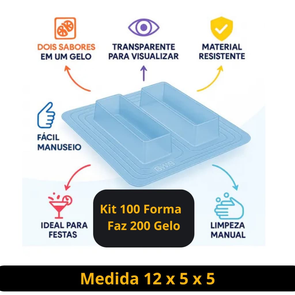 kit 100 Fôrmas Simples PET - Para Gelo Saborizado 200ml - 2 Cavidades - BWB 867