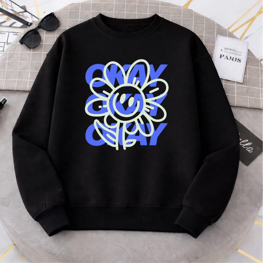 Moletom sem Capuz Feminino Flanelado Estampa Okay Flor Desenho Casaco Inverno 100% Algodão Premium Gola Redonda