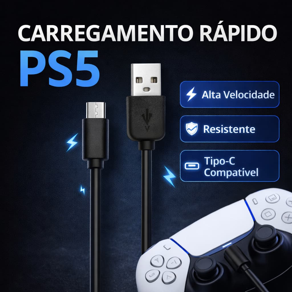 Cabo USB Controle PS5 Tipo C Carregador Dados Rápido LY-033 Alta Qualidade