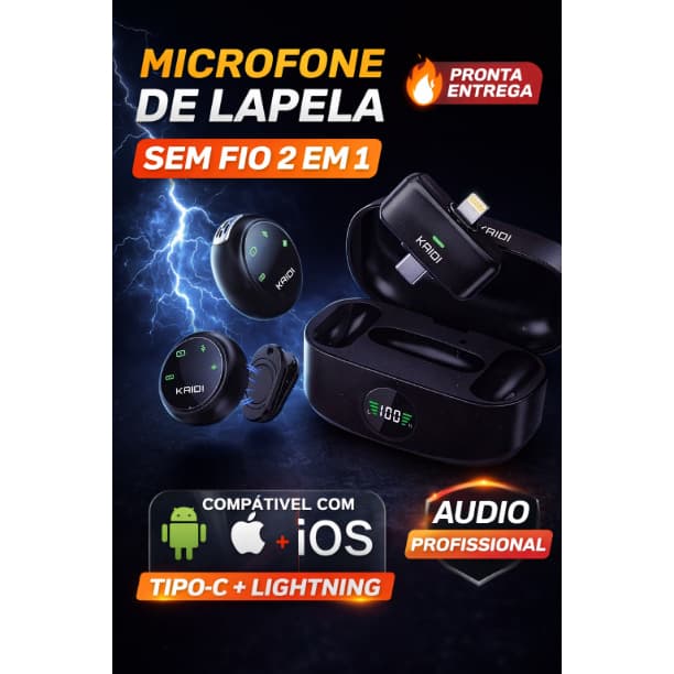 Microfone Lapela Sem Fio Kaidi 2 em 1 Magnético Tipo-C Lightning Profissional iPhone Android