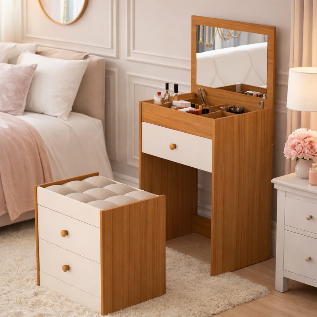 Penteadeira Comoda Com Espelho Camarim Banco 3 Gavetas Quarto Closet Estudio Maquiagem