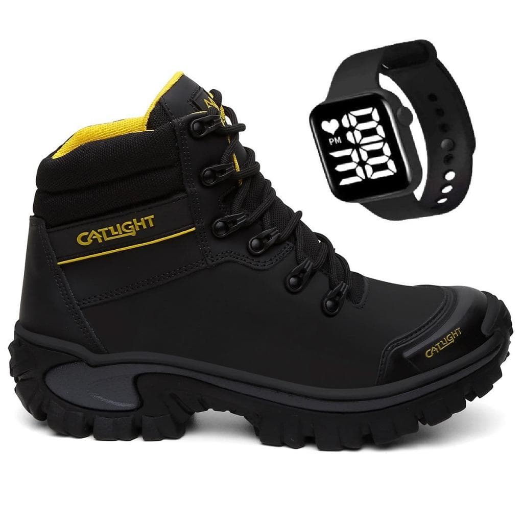 Bota Coturno Masculino 100% Couro Legítimo Preto Segurança Trabalho + Brinde