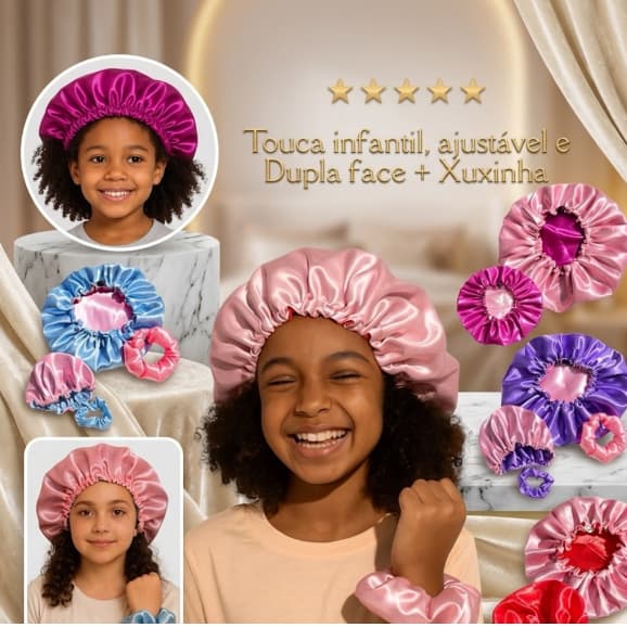 Touca de Cetim Infantil Dupla Face Ajustável + Xuxinha Anti Frizz e Proteção para Cabelos Cacheados