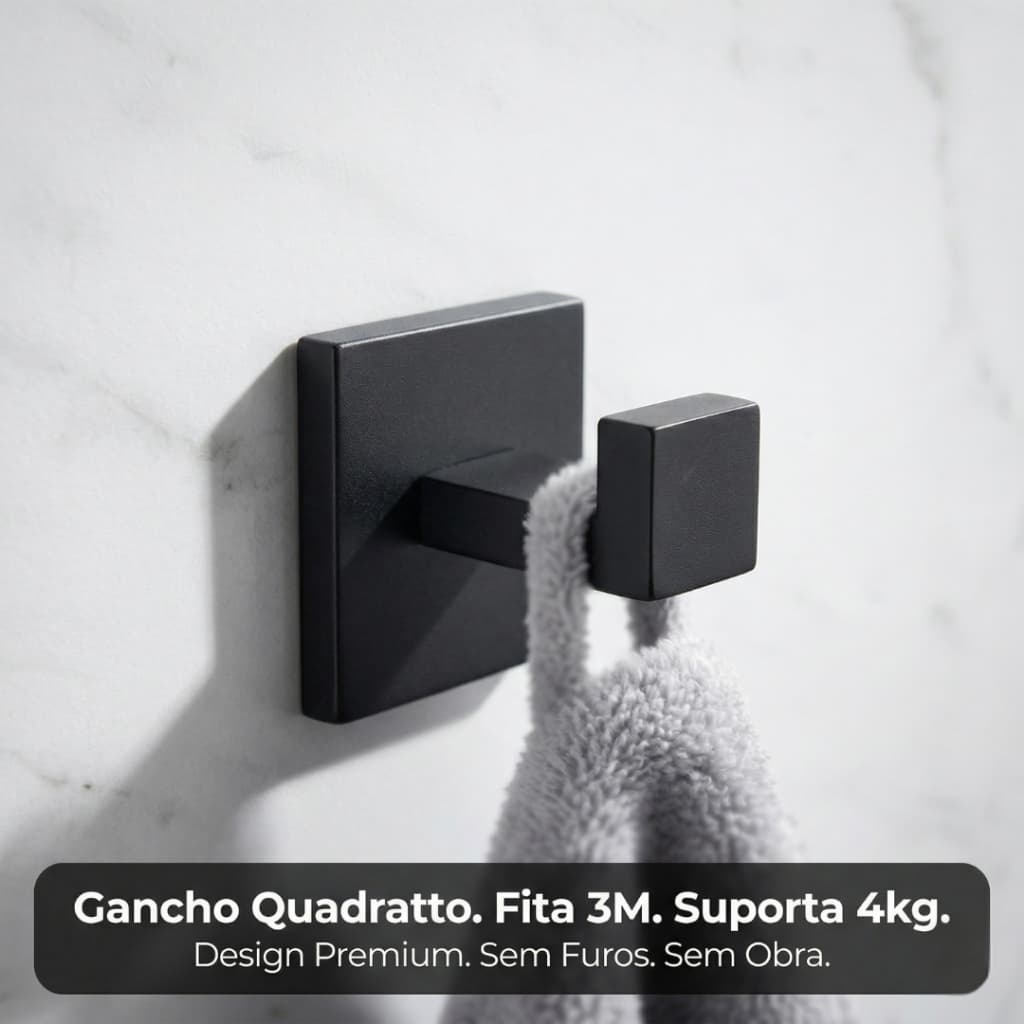 Gancho Quadratto Parede Adesivo Sem Furo Fita 3M Suporta 4kg Cabide Banheiro Porta Toalha Roupão