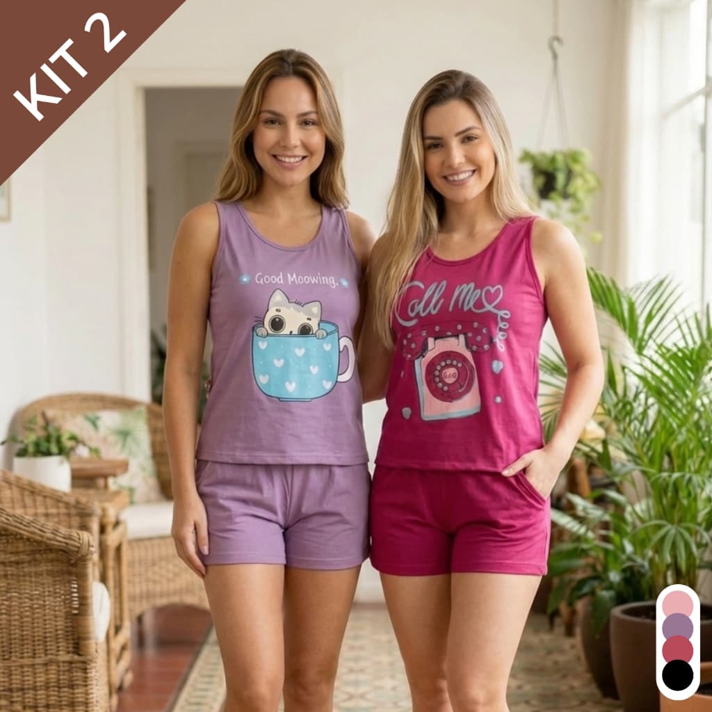 Kit 2 Pijama Feminino Short e Regata Conjunto Baby Doll Leve Confortável Verão Estampado