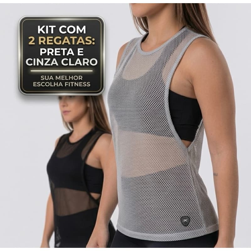 KIT COM 2 CINZA PRETO CAMISETA REGATA FEMININA TELA TULE TRANSPARENTE SOBREPOSIÇÃO ACADEMIA FITNESS