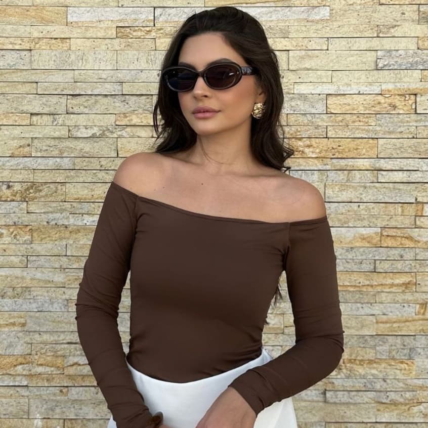 Blusa Feminina Manga Longa Decote Ombro a Ombro Noite Elegante Chique