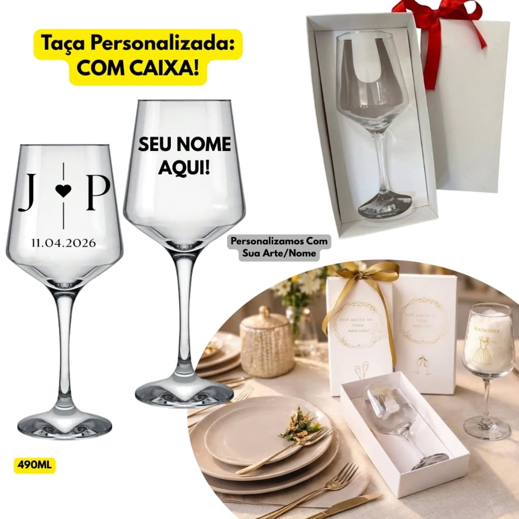 Taça Vidro Personalizada Brunello Vinho 490ML C/ Caixa Presente Padrinho Casamento Decorada Brinde Mães