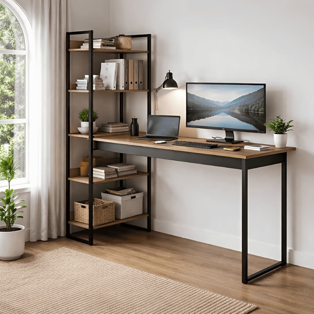 Mesa Escritório 140cm com Estante Integrada a mesa 146cm 5 Nichos Organização Home Office Alta