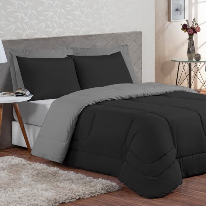Kit edredon ternura queen + 6 peças preto / cinza