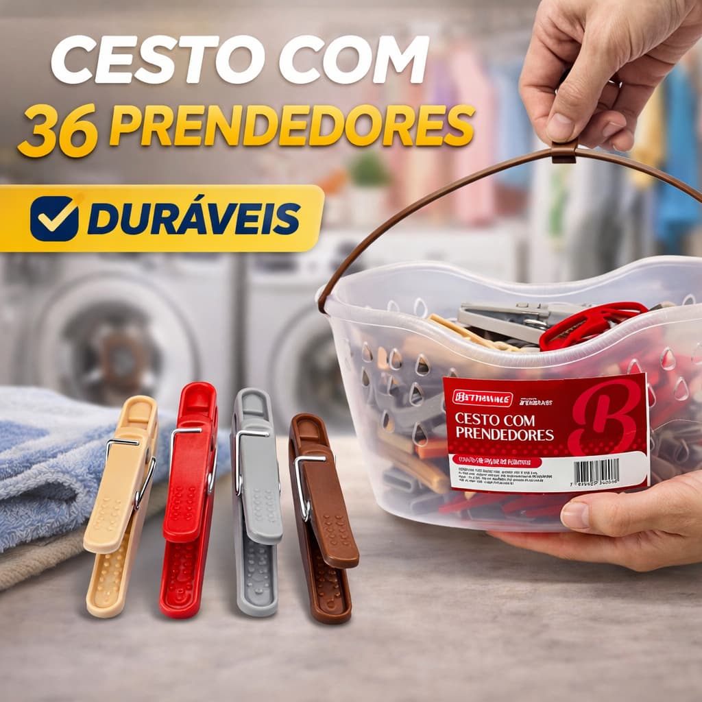 Cesto com 36 Prendedores de Roupas Plástico - Betthavale