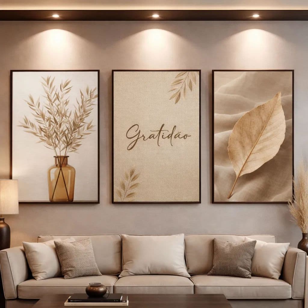 Quadro Sala Moderno Gratidao Folhas Bege Folhas Seca
