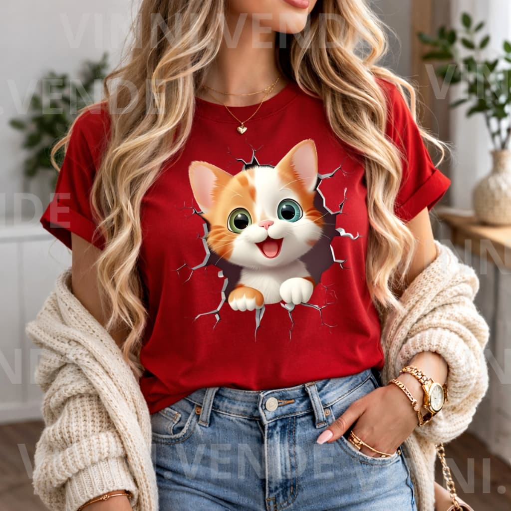 Camiseta Gatinho Fofo 3D Estampa Divertida Feminina Algodão Premium Top
