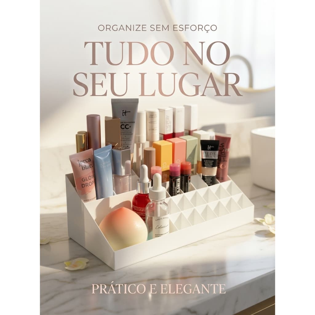 Organizador de Maquiagem com Divisórias – Ideal para Batons, Séruns e Cosméticos na Sua Bancada