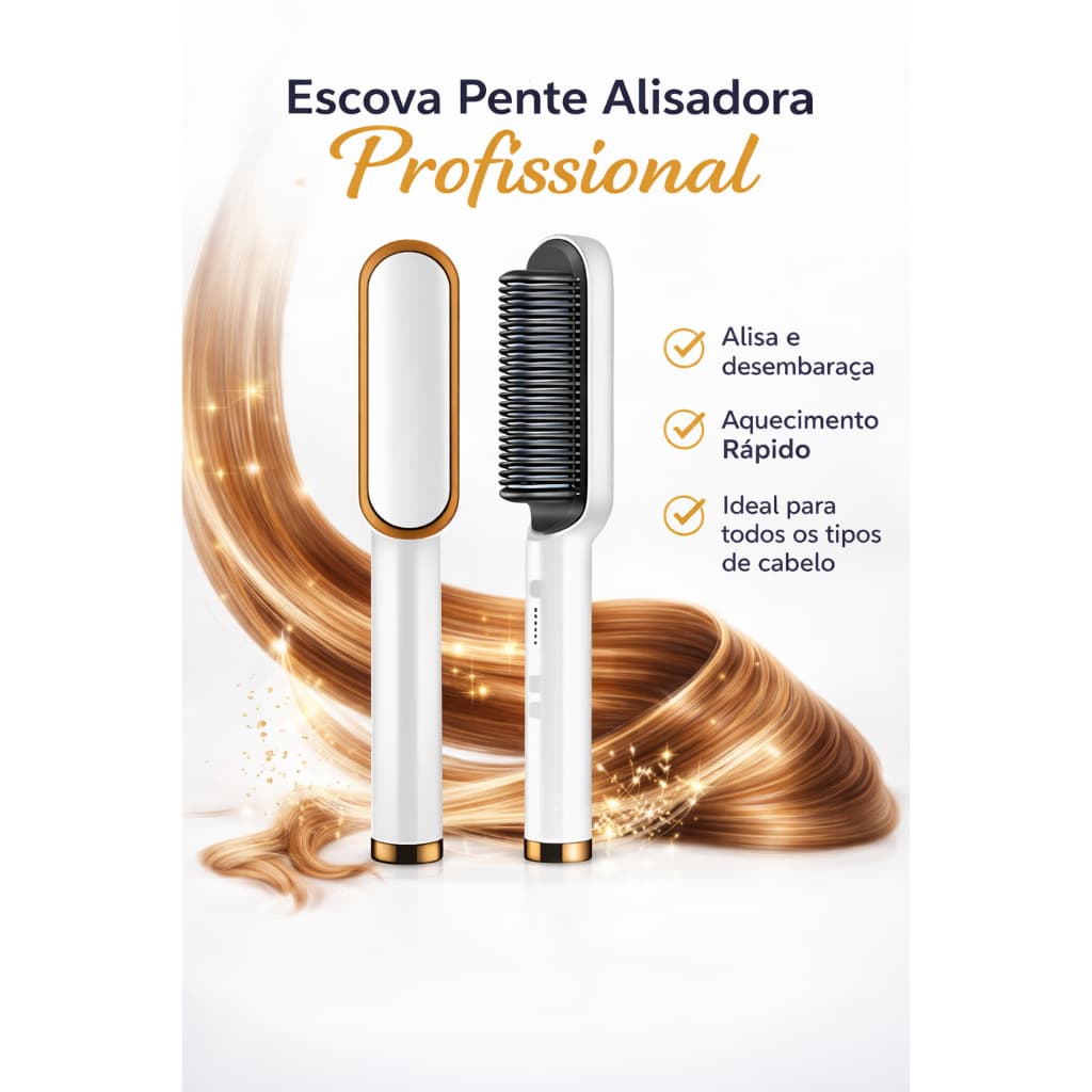 Escova Alisadora Profissional Branca Bivolt Cerâmica Íons Alisa Rápido Anti Frizz Cabelo Liso